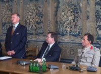 The Chairman of the Polish Defence Commission, Honourable MP Dr Stanislaw Wziatek (Left) addresses Senior Course 118. To the right, NDC Dean Dr. Richard D. Hooker and NDC Director of Academic Operations BGen. Nick Smith.
