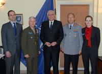 H.E. Menouar ALEM, Ambassador of the Kingdom of Morocco to the EU (Center), with NDC Commandant LtGen Wolf-Dieter LOESER (Center-right), NRCC Director Col. Sandy GUPTILL (Center-left), NRCC Faculty Advisors Dr Florance GAUB and Dr Rolf SCHWARZ