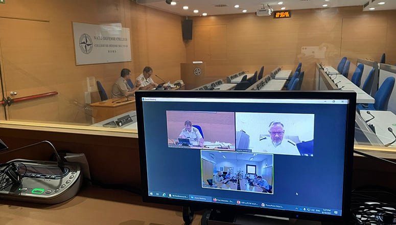 Virtual visit to ACT and JFC Norfolk; (screen, R to L) JFC Norfolk CDRE Pedersen, NDC moderator CAPT Tonning and a SC 138 Committee following the lecture. 