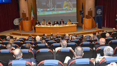 Plenary discussion with panellists (l to r) Captain (Ret.) Jukka Savolainen, Brigadier General Mark Comer, Prof. Gunhild Hoogensen Gjørv, Colonel (Ret.) Soren Knudsen – moderator, Ambassador Shota Gvineria and Dr Nathalie Tocci