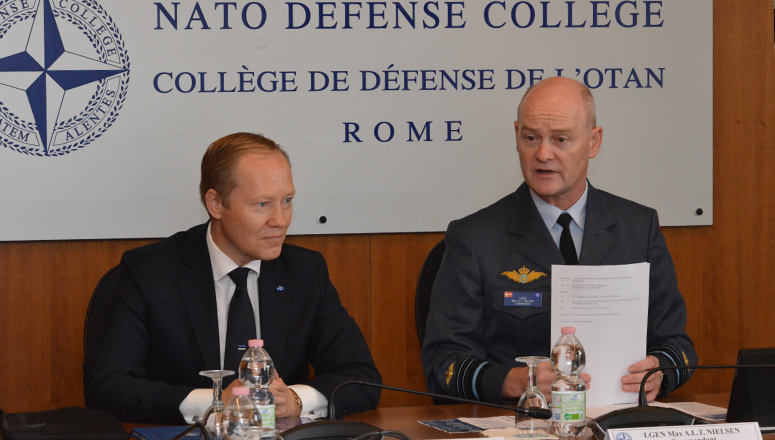 NDC Commandant Lieutenant General Max A.L.T. Nielsen discussing with His Excellency Estonian Ambassador to Italy Paul Teesalu