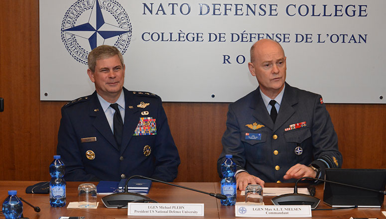 NDC Commandant Lieutenant General Max A.L.T. Nielsen (right) discussing with the President of the U.S. National Defense University (NDU) Lieutenant General Michael Plehn