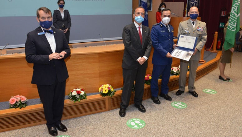 NRCC 25 Course President Brigadier General Alrashoud receives his diploma from Minister Frattini and Lieutenant General Rittimann.