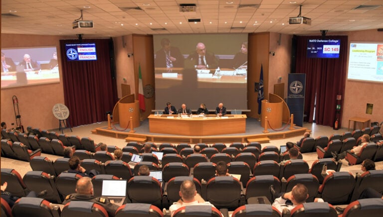 Course Members of the NDC’s Senior Course 145 listening to the three high-level experts sharing their personal experiences about strategic leadership in action