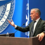 Admiral (Ret.) Bauer delivering the Inauguration Address to Senior Course 148 and NATO Regional Cooperation Course 35