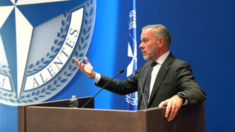 Admiral (Ret.) Bauer delivering the Inauguration Address to Senior Course 148 and NATO Regional Cooperation Course 35