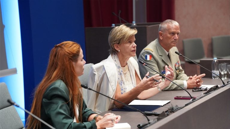 1. From left to right: Director of the NDC Research Division Dr Florence Gaub, Latvian Minister of Foreign Affairs H.E. Ms Baiba Braže and NDC Commandant Lieutenant General Jérôme Goisque.